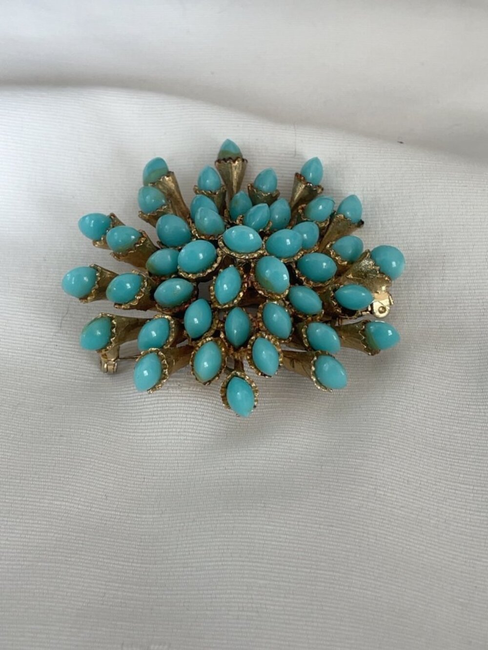 Vintage Turquoise Color Floral Brooch Large Flower Pin